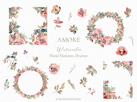 Amore Watercolor Floral Elements for Creative Projects